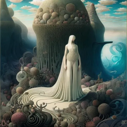 Prompt: Kay Nielsen, Agostino Arrivabene, Surreal, mysterious, strange, fantastical, fantasy, Japanese fantasy, anime, the underground world of Babel, spiralling beautiful girl in a miniskirt, detailed masterpiece low angles up and down views