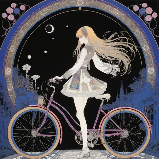 Prompt: Harry Clarke, Takashi Yamazaki, Surreal, mysterious, strange, fantastical, fantasy, Sci-fi, Japanese anime, future tourism, bicycle time machine, miniskirt beautiful girl, perfect voluminous body, detailed masterpiece 