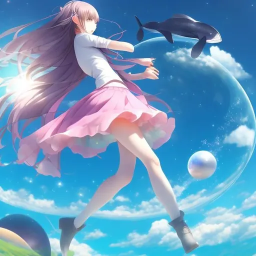 Prompt: May Louise Greville Cooksey, Satsuki Igarashi, Surreal, mysterious, strange, fantastical, fantasy, Sci-fi, Japanese anime, square sea whale, spherical world, miniskirt beautiful girl's geometric illusion, perfect voluminous body, detailed masterpiece 