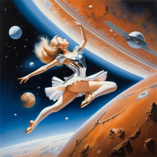 Prompt: Iwona Chmielewska, Sulamith Wülfing, Ellen Raskin, Moto Hagio, Hajime Sorayama, Surrealism, wonder, strange, bizarre, fantasy, Sci-fi, Japanese anime, beautiful ballerina on Mars, perfect voluminous body, rocket crashing headlong, ocean of space, detailed masterpiece 