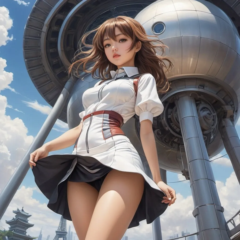 Prompt: Alexandre Evgenevich Yakovlev, Nanase Ohkawa, Surreal, mysterious, strange, fantastical, fantasy, Sci-fi, Japanese anime, tower of miniskirt beautiful girl, perfect voluminous body, rotating, goddess called machine, detailed masterpiece high angles