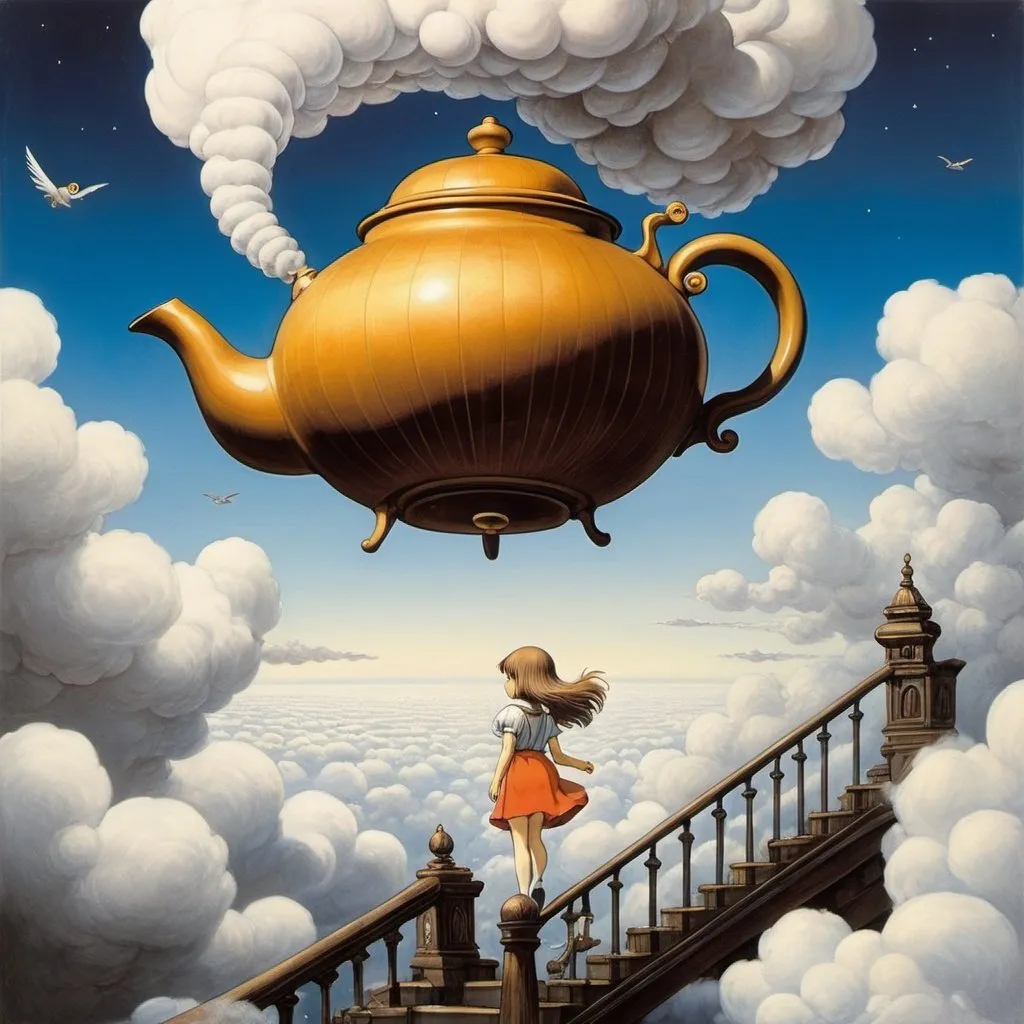 Prompt: Maurice Sendak, Kevin O'Neill, Surreal, mysterious, strange, fantastical, fantasy, sci-fi, Japanese anime, a teapot floating in the air, a beautiful girl in a miniskirt climbing the stairs above the clouds, perfect voluminous body, a flying octopus, detailed masterpiece low high angles perspectives 