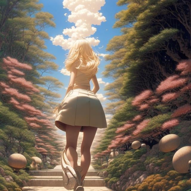 Prompt: Katsuhiro Otomo, Hajime Sorayama, Heikala, Surreal, mysterious, strange, fantastical, fantasy, Sci-fi, Japanese anime, evolution is omnipotent, the future of humanity, technology, and the universe, a miniskirt beautiful girl walking the path of evolution, perfect voluminous body, detailed masterpiece 