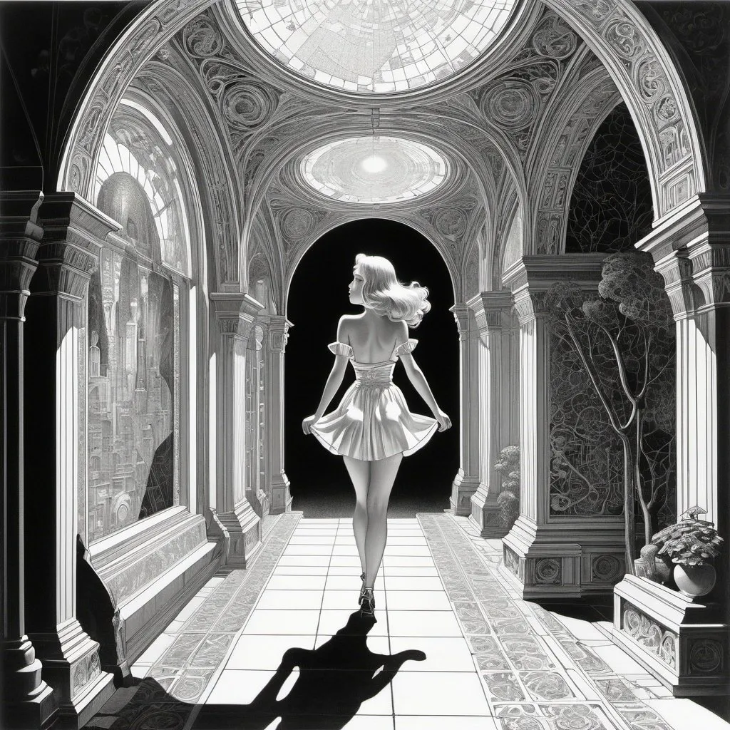 Prompt: Herbert Andrew Paus, Virgil Finlay, Heath Robinson, Surreal, mysterious, strange, fantastical, fantasy, Sci-fi, Japanese anime Visualization of corridors of sight and architecture, guided by beautiful blonde miniskirt girl Alice, perfect voluminous body, A world on paper, maps and blueprints, A contradictory affirmation of dreams and reality, detailed masterpiece low high angles perspectives 