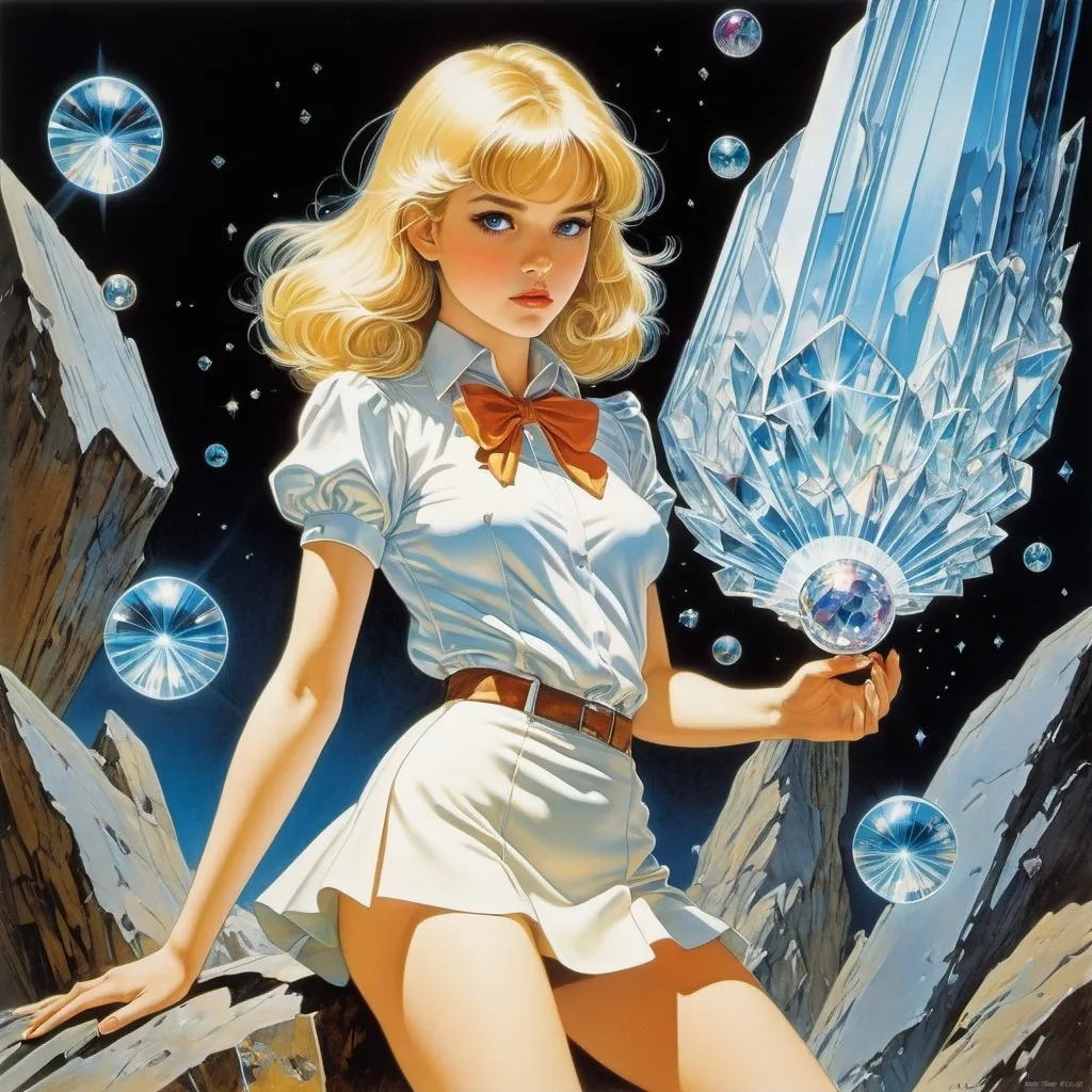 Prompt: Wyndham Payne, Mervyn Peake full colours, Else Wenz-Vietor, Hajime Sorayama, Masamune Shirow, Surrealism, wonder, strange, fantastical, fantasy, Sci-fi, Japanese anime, picture book line of sight and space, beautiful blonde miniskirt girl Alice observing the formation of crystals, perfect voluminous body, detailed masterpiece 