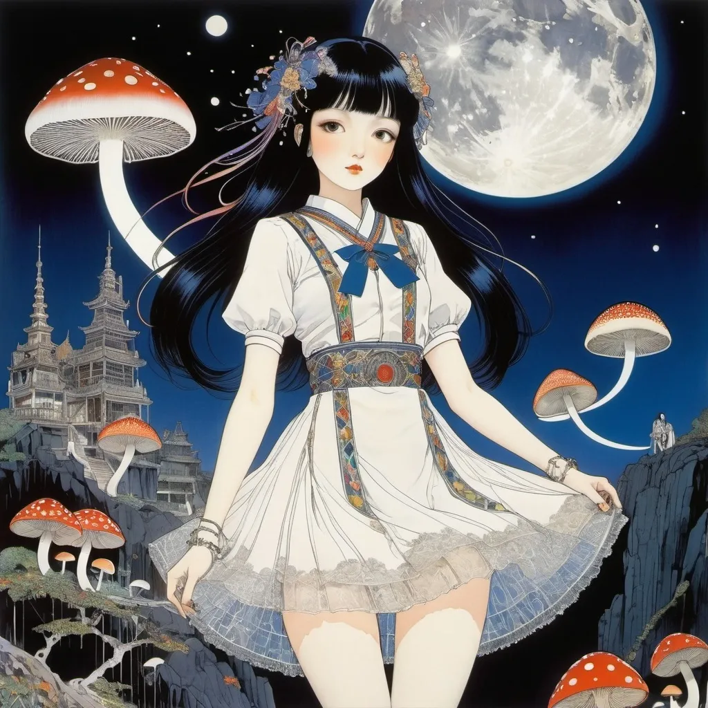 Prompt: Harry Clarke, Claude Francis Barry, Shigeru Tamura, Aya Takano, Edmund Blampied, Surrealism, wonder, strange, bizarre, fantasy, Sci-fi, Japanese anime, glowing mushrooms and Kaguya's ladder, the moon and the earth are connected, night sleep, miniskirt beautiful high school girl, perfect voluminous body, detailed masterpiece low high angles perspectives 