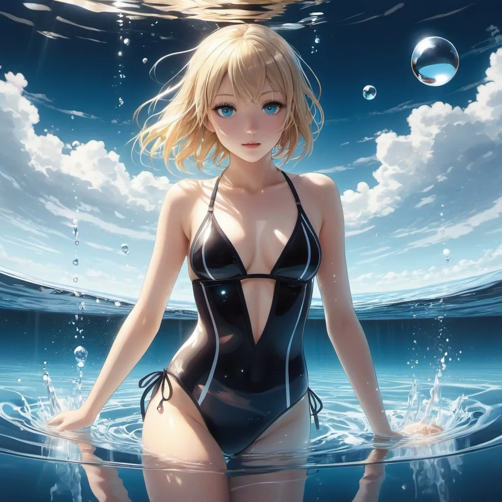 Prompt: Alois Carigiet, Étienne Delessert, Surreal, mysterious, strange, fantastical, fantasy, Sci-fi, Japanese anime, playing in the water between light and darkness, beautiful girl in a school swimsuit, perfect voluminous body, reflection, transmission, refraction, beach, detailed masterpiece 