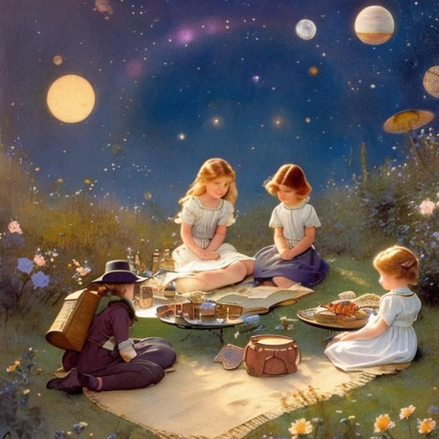 Prompt: Kate Greenaway, Jessie Willcox Smith, E. H. Shepard, animesque　wondrous　strange　Whimsical　Sci-Fi Fantasy　Microcosm in the attic　Microcosmos　Miniskirt schoolgirl　picnic　Closed space　amorous