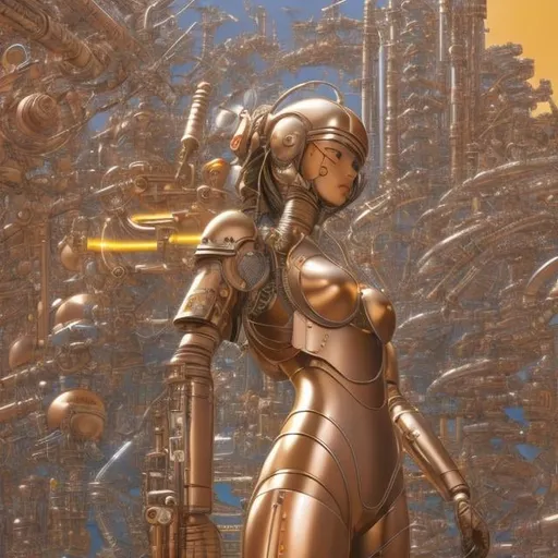 Prompt: Jean Giraud, Masamune Shirow, Katsuhiro Otomo, fine lines Anime surreal wonder strange fantasy Sci-fi fantasy cyborg girl perfect body under repair laboratory machine tube gear Skintight metallic low cut suits, smiling, hyper detailed, high resolution definition quality masterpiece, depth of field, focus