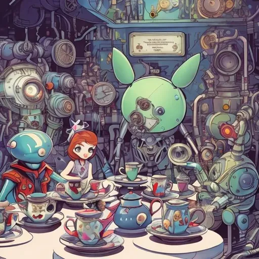 Prompt: Alice in wonderland, Alice in the world of future mechanics, robots, spaceships, having tea with cyborgs hatter