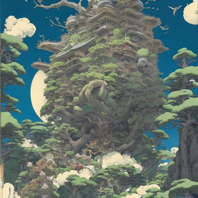 Prompt: Dorothea Tanning, Shel Silverstein,  Charles Doyle, Ukiyo-e style　Japanese anime Sci-Fi Fantasy　Kingdom above bonsai　Girl looking at the bonsai from the outside Hyperdetailed high resolution high definition high quality masterpiece colour