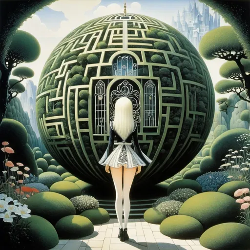 Prompt: Kay Nielsen, Henry Hintermeister, Surreal, mysterious, strange, fantastical, fantasy, Sci-fi,Japanese anime, miniature garden study, sphere and maze, three-dimensional world that spreads in two dimensions, miniskirt beautiful girl, perfect voluminous body, detailed masterpiece 