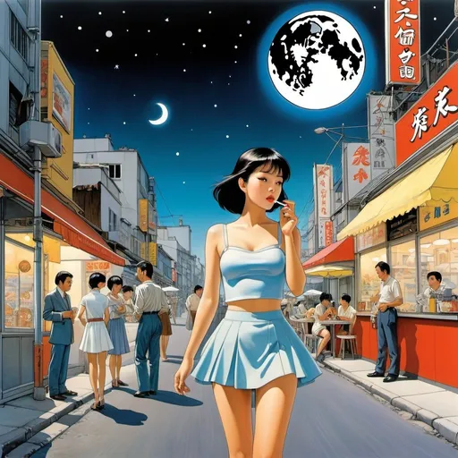 Prompt: Yuji Kamosawa, Takeo Takei, Akira Yasuda, Jean Giraud, Satoshi Urushihara, Surrealism, wonder, bizarre, bizarre, fantasy, Sci-fi fantasy, anime, passing a beautiful lady in a miniskirt of the moon, perfect voluminous body, on a street corner, smoking a cigarette at a small cafe, neon tubes, Saturn's rings, soda water, a movie projector, detailed masterpiece low high angles hand coloured line drawings 