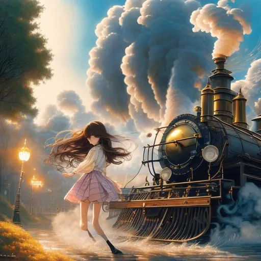 Prompt: Milo Manara, Charles Altamont Doyle, Surreal, mysterious, strange, fantastic, fantasy, Sci-fi, Japanese anime, ripples, spirals, and Fibonacci, a miniskirt beautiful high school girl racing with a steam locomotive, hyper detailed high resolution definition quality, depth of field cinematic lighting 