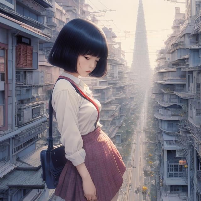 Prompt: Katsuhiro Otomo, Kenji Tsuruta, James Jean, Surreal, mysterious, bizarre, fantastical, fantasy, Sci-fi, Japanese anime, spiral utopia, science of imagination, blueprint of utopia, perspective drawing, vanishing perspective, curved perspective, vertical perspective, superimposed perspective, oblique projection, beautiful girl miniskirt high school girl, perfect voluminous body, manifestation of imagination, hyper detailed masterpiece, high resolution definition quality, depth of field cinematic lighting 
