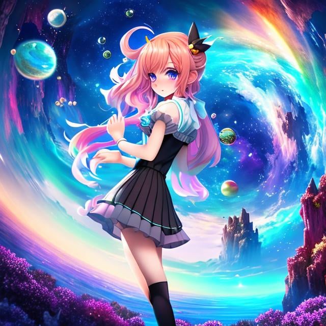 Prompt: Barbara Cooney Anime wondrous strange Whimsical surreal fanciful Sci-Fi Fantasy Miniskirt schoolgirl A castle between time and space Large Clock Waterfall cascading into the void cosmic space ocean moon rainbow derailed high definition high resolution high quality masterpiece