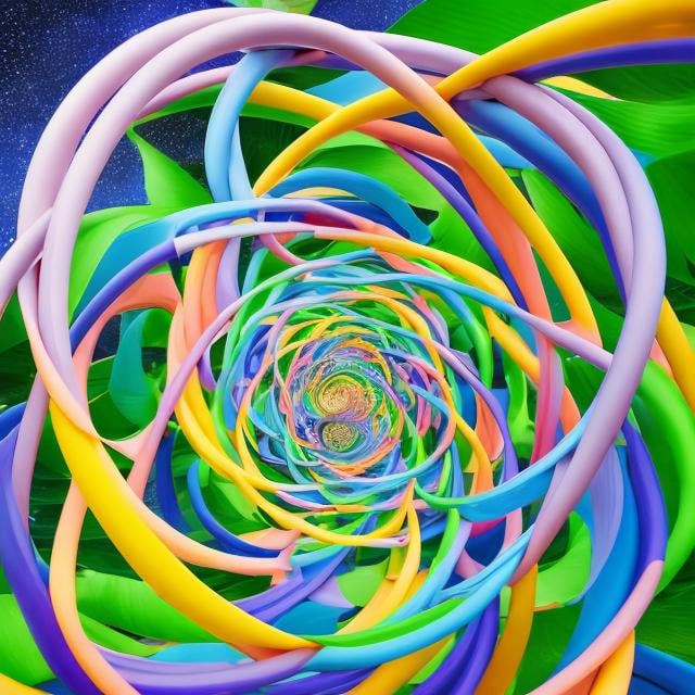 Prompt: M c Escher, Fusako Kuramochi, Surreal, mysterious, bizarre, fantastical, fantasy, Sci-fi, Japanese anime, DNA-type double helix mathematical model, junction curves due to entangled structures of different manifolds, junction curves created by entanglement of spheres, cylinders, and toruses with each other in three-dimensional space Actual celestial sphere, solo girl, miniskirt beautiful high school girl perfect voluminous body, detailed masterpiece, colour drawings