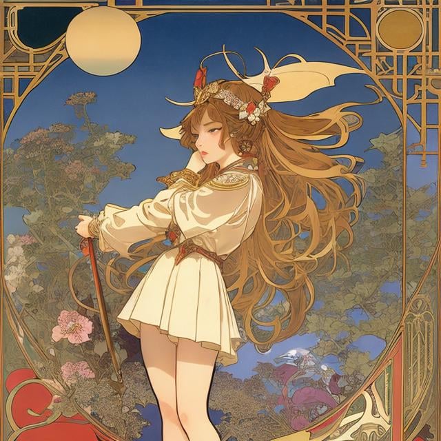 Prompt: Alphonse Mucha, Maurice Sendak, Ukiyo-e style anime surreal mysterious strange bizarre fantasy sci-fi fantasy galaxy mail miniskirt girl mailman uniform rocket piloting galaxy planet moon