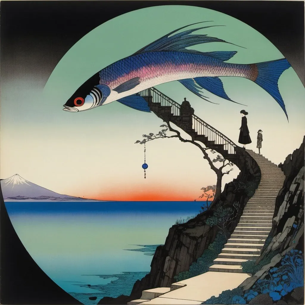 Prompt: Harry Clarke, Oskar Lebeck, Surreal, mysterious, strange, fantastical, fantasy, Sci-fi, Japanese anime, walking fish, burning tree, beautiful girl, perfect voluminous body, eternal staircase, horizon, detailed masterpiece bird’s eye views