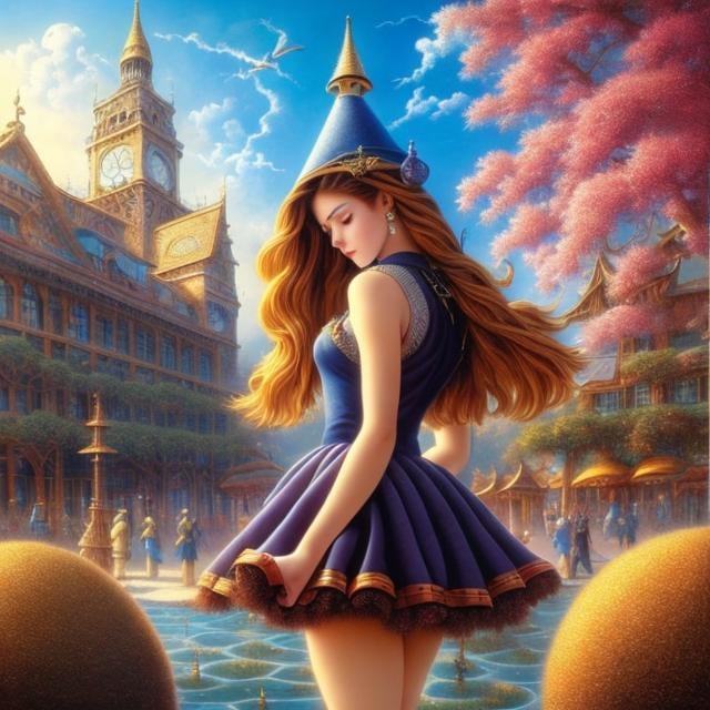 Prompt: Thomas Crane, Michael Cheval, Surreal, mysterious, strange, fantastical, fantasy, Sci-fi, Japanese anime, tree that grows crystals, symbiosis between machines and humans, miniskirt beautiful high school girl, town square, detailed masterpiece 