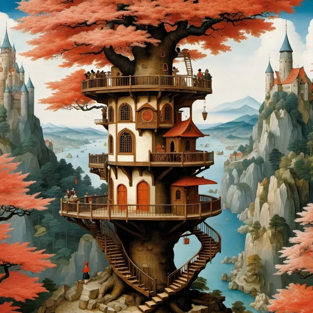 Prompt: Pieter Bruegel the Elder, Hiroshi Masumura, Surreal, mysterious, strange, fantastical, fantasy, Sci-fi, Japanese anime, castle in the tree, spiral staircase with keyboard, coral hair, lady in miniskirt dress, perfect voluminous body, detailed masterpiece 