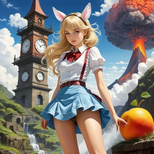 Prompt: Heikala, Nell Brinkley full colours, Surreal, mysterious, bizarre, fantastical, fantasy, Sci-fi, Japanese anime, Alice, the beautiful blonde miniskirt girl with crystal ears, perfect voluminous body, the fruit of the volcano, the clock tower in love, the walking kettle, detailed masterpiece 