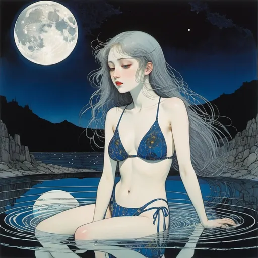 Prompt: Harry Clarke, Don Ivan Punchatz, Surreal, mysterious, strange, fantastical, fantasy, Sci-fi, Japanese anime, swimming in the night, transmittance, reflection, and osmotic pressure of moonlight, beautiful girl in school swimsuit, perfect voluminous body, wet hair, tranquil darkness, detailed masterpiece low high angles perspectives 