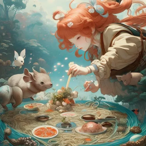 Prompt: James Jean, Kate Greenaway, Japanese Anime, surreal, mysterious, bizarre, fantastical, fantasy, sci-fi,  ramen battle, which is delicious, pork bone or soy sauce? Girl Alice, detailed, high resolution high definition high quality masterpiece 