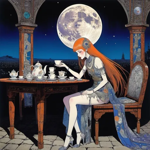 Prompt: Harry Clarke, Earle Kulp Bergey, Surreal, mysterious, strange, fantastical, fantasy, Sci-fi, Japanese anime, uninhabited ancient city, three-point perspective, daytime full moon, miniskirt beautiful girl having tea at the table, perfect voluminous body, detailed masterpiece, colours hand drawings 