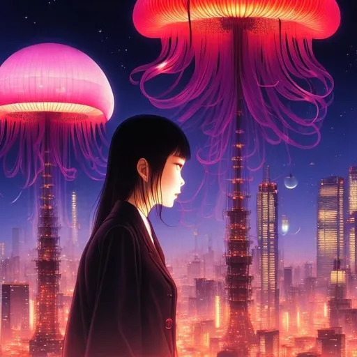 Prompt: Yoshitaka Amano, Katsuhiro Otomo, keiko takemiya, Surreal, mysterious, strange, fantastical, fantasy, Sci-fi, Japanese anime, Shinjuku night view, skyscrapers, neon signs, giant jellyfish floating in the sky, beautiful high school girl in a miniskirt looking up at jellyfish from the ground, perfect voluminous body, bird’s eye view, detailed masterpiece depth of field cinematic lighting 