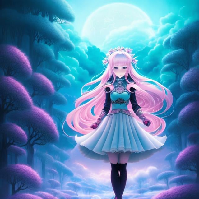 Prompt: Jeff Soto, Sakura Asagi, Surreal, mysterious, strange, fantastical, fantasy, sci-fi, Japanese anime, a giant snowman comes to town, the beautiful blonde miniskirt girl Alice goes to greet it, perfect voluminous body, detailed masterpiece 