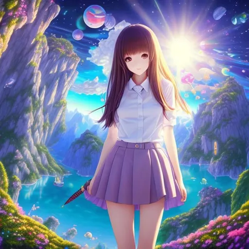 Prompt: Jill Bauman, Ken Akamatsu, Surreal, mysterious, bizarre, fantastical, fantasy, Sci-fi, Japanese anime, infinite space on a plane, perspective, perspective drawing, beautiful high school girl in a miniskirt in virtual space, perfect body, cave, camera, optical design, detailed masterpiece 