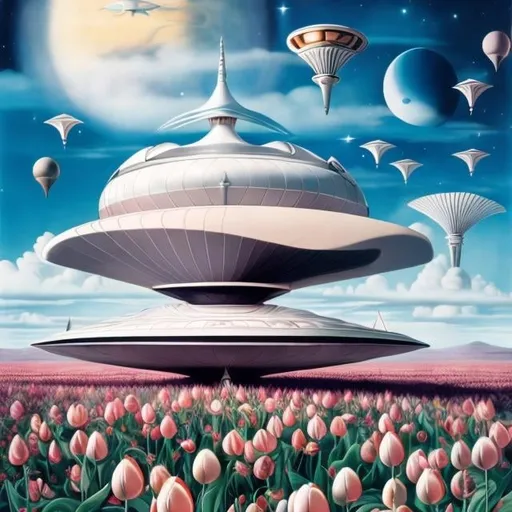 Prompt: Johan Tobias Sergel, Kay Nielsen, Surreal, mysterious, strange, fantastical, fantasy, Sci-fi, Japanese anime, tulip field, beautiful blonde miniskirt girl Alice, perfect voluminous body, small spaceship, detailed masterpiece 