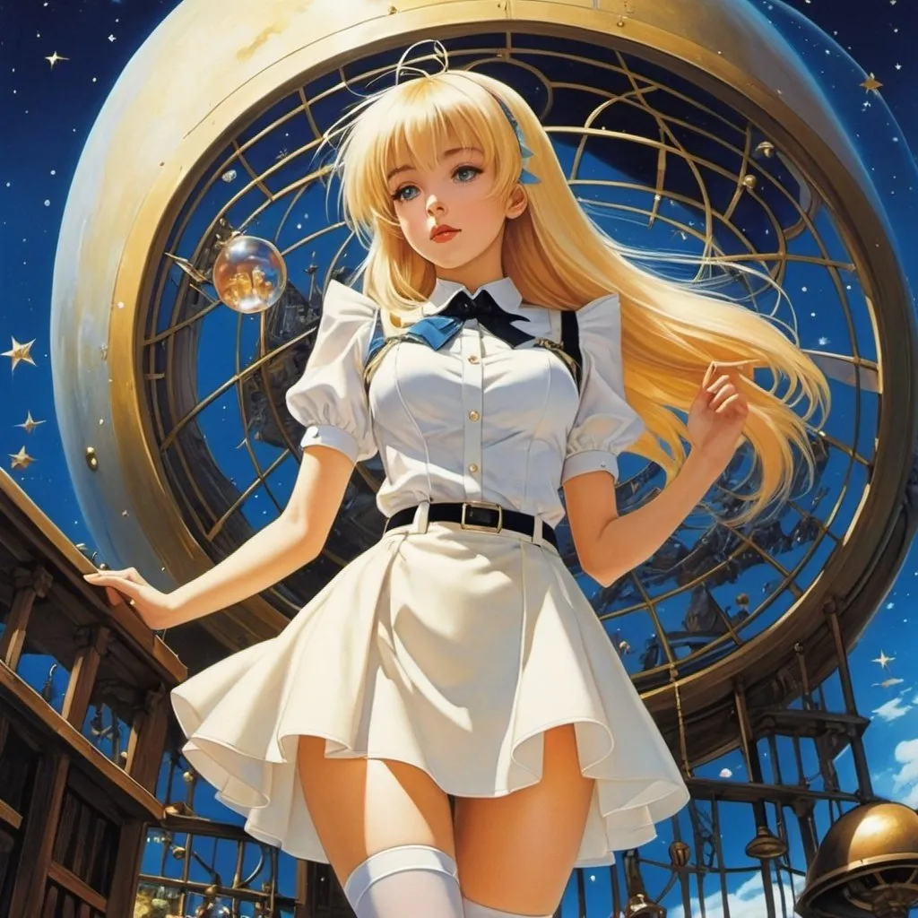 Prompt: Ludmila Zeman, Keiichi Okamoto, Luis Mendo, Edward Mason Eggleston, Surrealism Mysterious Weird Fantastic Fantasy Sci-fi, Japanese Anime, Birdcage, Comet, Blonde Miniskirt Beautiful Girl Alice, perfect voluminous body, Diamond in the Rough, detailed masterpiece 