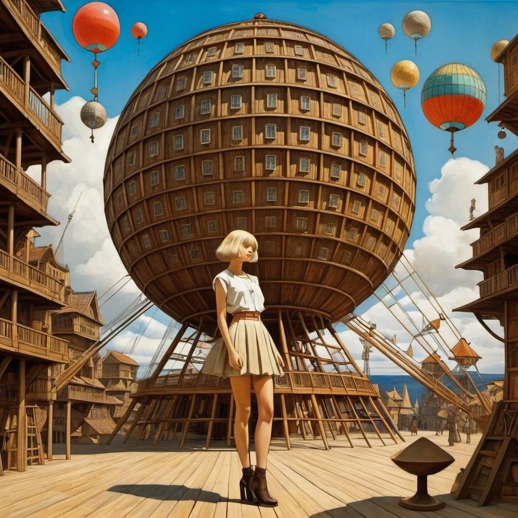 Prompt: Lebbeus Woods, Paul Klee, Giorgio de Chirico, Surreal, mysterious, bizarre, fantastical, fantasy, Sci-fi, Japanese anime, Ferris wheel, Roman wooden architecture, beautiful girl in a miniskirt, perfect voluminous body, stacked spheres, cubes, cones, triangular prisms, desks, chairs, umbrellas, towers of objects, detailed masterpiece low angles perspectives 