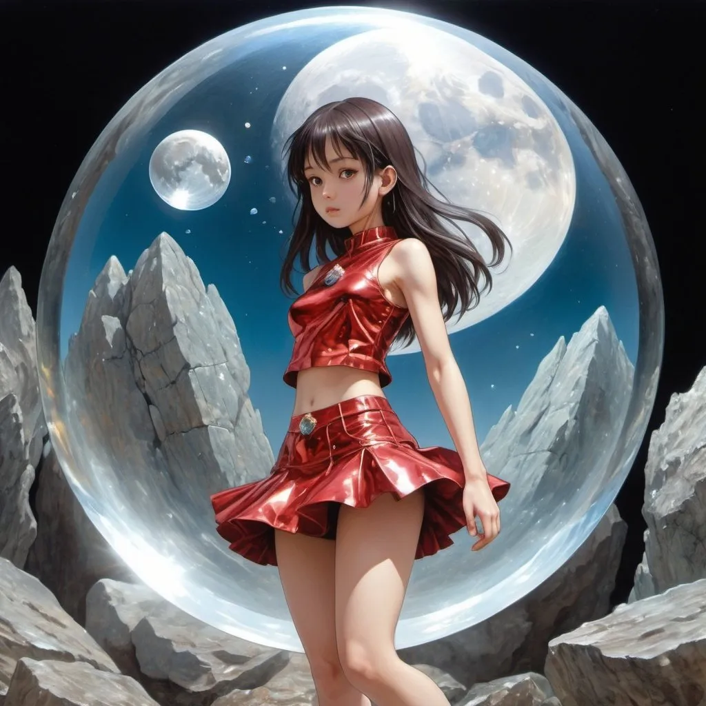 Prompt: Jim Kay, sakana sakatsuki, Surreal, mysterious, bizarre, fantastical, fantasy, Sci-fi, Japanese anime, world of minerals, breathing metal, soft gems, beautiful girl in miniskirt of the ruby ​​moon, perfect voluminous body, reflection, transmission, refraction, mineral specimen, natural history encyclopedia, detailed masterpiece 