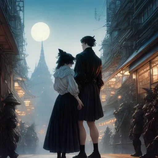 Prompt: Arthur Rackham, Michael Whelan, Surreal, mysterious, bizarre, fantastical, fantasy, Sci-fi, Japanese anime, pure miniskirt beautiful high school girl, cute face, perfect body, escorted by a handsome bodyguard in a black suit, shopping in Tokyo at night, Moon, hyper detailed masterpiece high resolution definition quality, depth of field cinematic lighting 