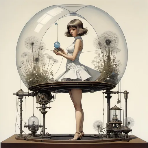 Prompt: Heath Robinson, Zaha Hadid, Surreal, mysterious, strange, fantastical, fantasy, Sci-fi, Japanese anime, thread spool, swallow, glass composite polyhedron, geometric machine, dandelion miniskirt beautiful girl, perfect voluminous body, detailed masterpiece 