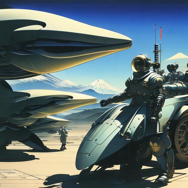 Prompt: Syd Mead, Japanese painting style Shigeru Tamura,
Surreal, mysterious, strange, fantastic, fantasy, Sci-fi fantasy, armored beautiful girl, perfect body, circle legend, cold equation, poem, whale song