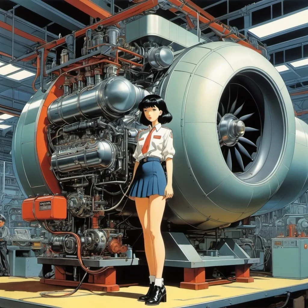 Prompt: Akira Amano, Przemysław Truściński, Lukas Verstraete, Mitsumasa Anno, Brecht Vandenbroucke, Surrealism, Mysterious, Weird, Outlandish, Fantasy, Sci-Fi, Japanese Anime, Beautiful engineer in a miniskirt inspects an engine that only operates at night, perfect voluminous body, detailed masterpiece 