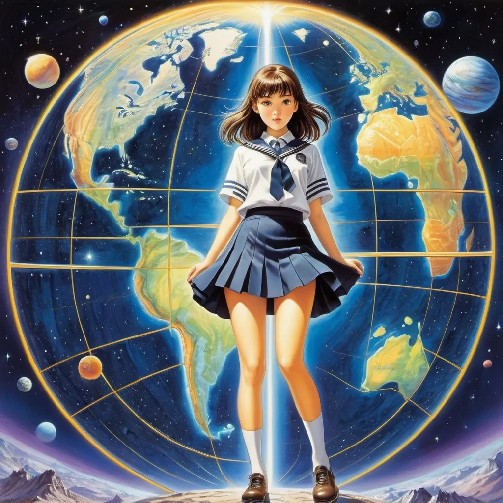 Prompt: Ernst Kreidolf, Olaf Hajek, Sonja Danowski, George Wolfe Plank, Seiji Fujishiro, Surrealism, wonder, strange, bizarre, fantasy, sci-fi, Japanese anime, a map of the light of this planet, a beautiful high school girl in a miniskirt wearing an aurora, perfect voluminous body, walking on a map of the universe, detailed masterpiece 