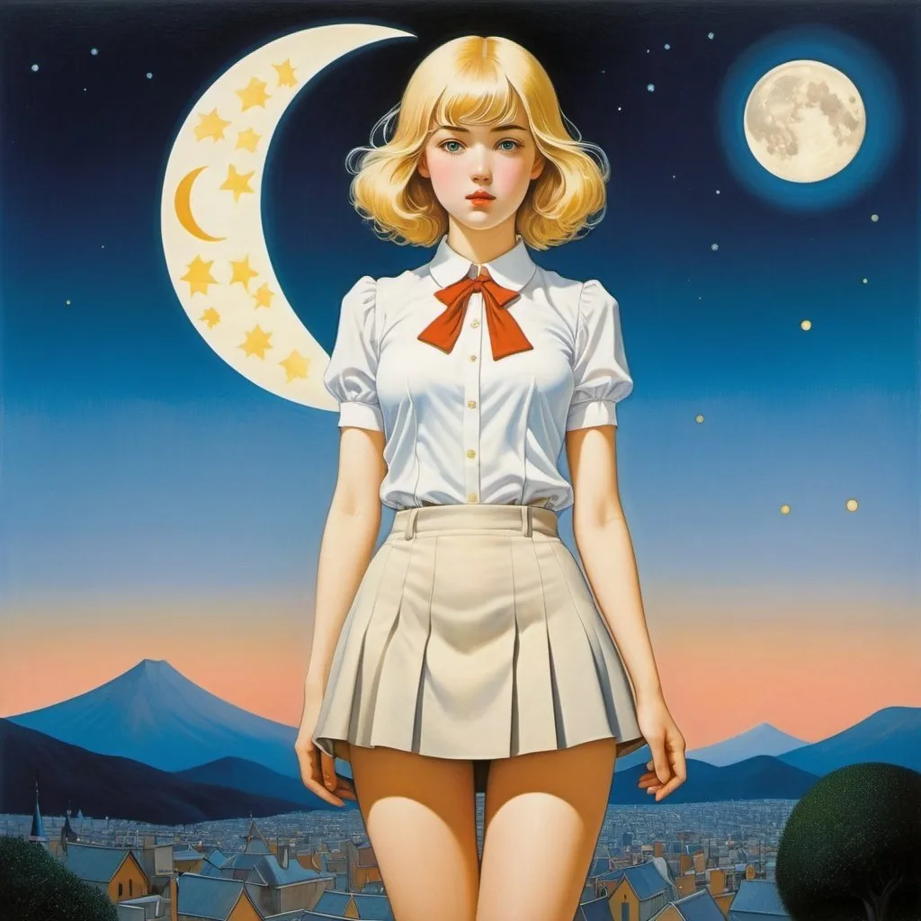 Prompt: Junaida, Rene Magritte, Klimt, Surreal, mysterious, strange, fantastical, fantasy, Sci-fi, Japanese anime, optical magic, distorted perspective, crescent moon at twilight, blonde miniskirt beautiful girl Alice, perfect voluminous body, detailed masterpiece 