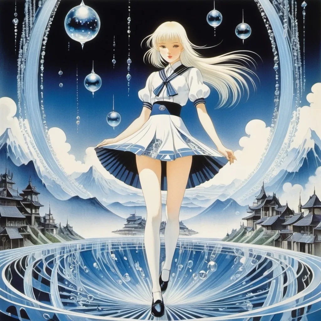 Prompt: Kay Nielsen, Binette Schroeder, Alfredo Andersen, Baron Yoshimoto, Giacomo Balla, Surrealism Mysterious Bizarre Fantastic Fantasy Sci-fi, Japanese Anime,  Water Crystals How does water circulate inside the Earth Miniskirt Beautiful High School Girl, perfect voluminous body, detailed masterpiece 