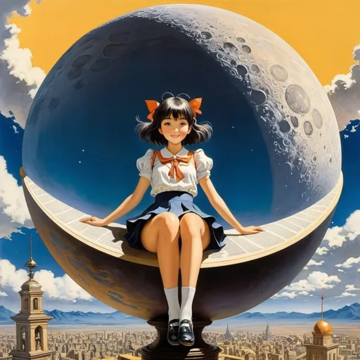 Prompt: Ymiko Igarashi, Mabel Attwell, Koloman Moser, Daisukerichard, Frank C Pape, Surrealism, wonder, strange, fantastical, fantasy, Sci-fi, Japanese anime, a beautiful high school girl in a miniskirt smiling as she sits on top of a 3m diameter moon globe, perfect voluminous body, inside the Library of Babel, the gap in time, detailed masterpiece 