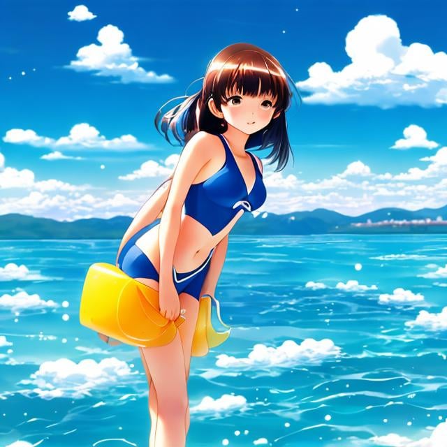 Prompt: Kenji Tsuruta style, girl, swimsuit, on submarine, blue sky, 