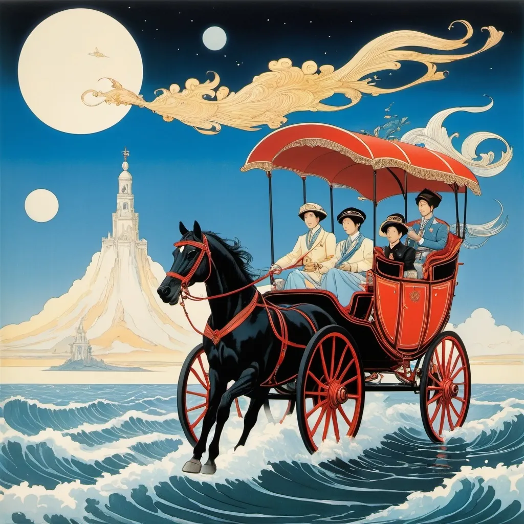 Prompt: George Barbier, Zdzisław Witwicki, Renato Fratini, Keiichi Okamoto, Jan Marcin Szancer, Surrealism, Mysterious, Bizarre, Outlandish, Fantasy, Sci-fi, Japanese Anime, Horse-drawn carriage journey to the place where the sea and sky meet, Race with the Sky Whale, Summer Vacation and Experiments of a Beautiful Miniskirt High School Girl, perfect voluminous body, detailed masterpiece low high angles perspectives 