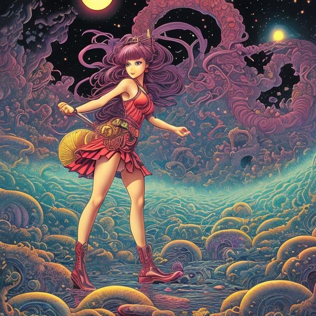 Prompt: Jim Woodring, Dave Gibbons, Surreal, mysterious, strange, fantastical, fantasy, Sci-fi, Japanese anime, great river in the basement, sinking galaxy, steam-powered miniskirt beautiful girl, perfect volume body, 