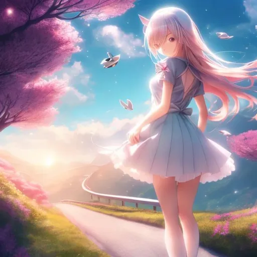 Prompt: Erwin Puchinger, Hiromi Matsuo, Surreal, mysterious, strange, fantastical, fantasy, Sci-fi, Japanese anime, desk light tree, tropical fish, blonde miniskirt beautiful girl Alice, perfect voluminous body, the road that continues, detailed mas