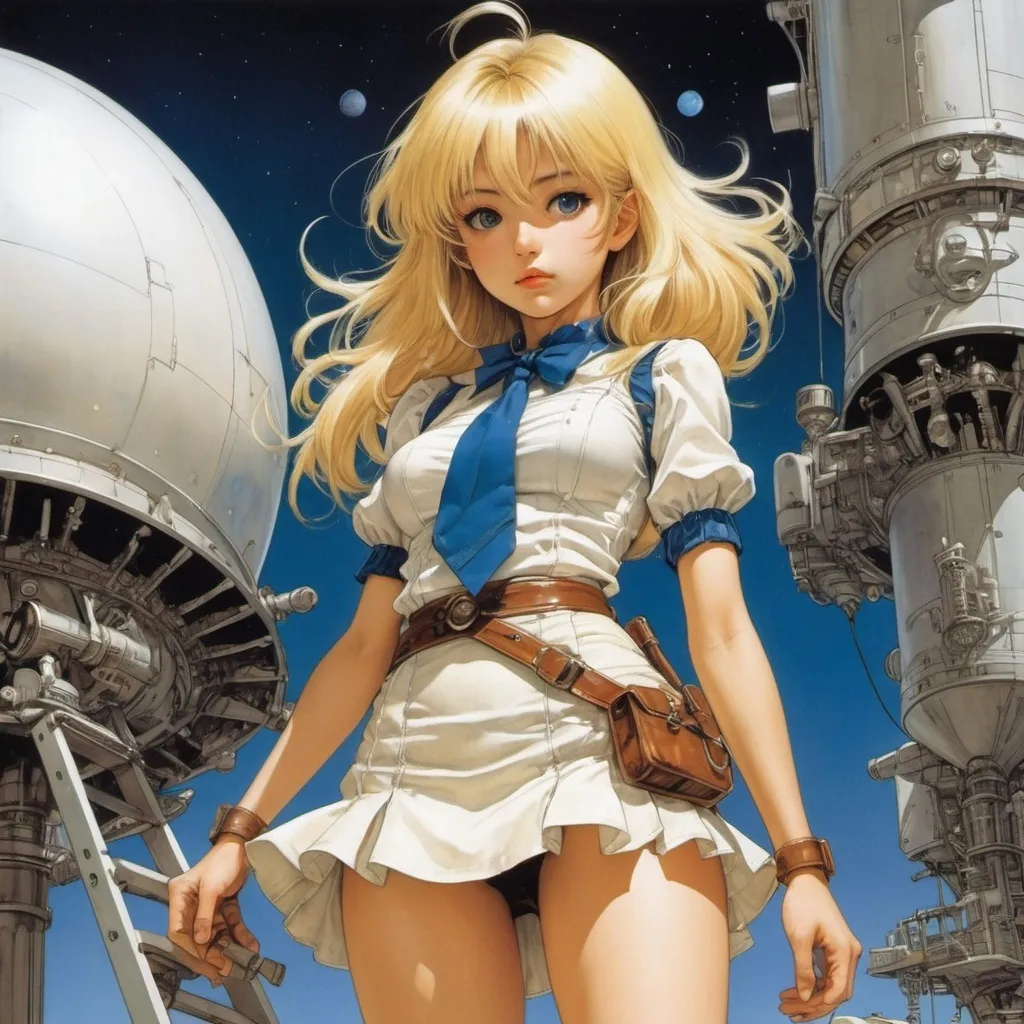 Prompt: André Mare, Chiho Saito, James Gurney, Masamune Shirow, Richard Doyle, Surrealism, Mysterious, Bizarre, Outlandish, Fantasy, Sci-Fi, Japanese Anime, Making and blueprints of a reflecting telescope, Comet omen theory and astrology, Beautiful blonde miniskirt girl Alice, perfect voluminous body, detailed masterpiece low high angles perspectives 