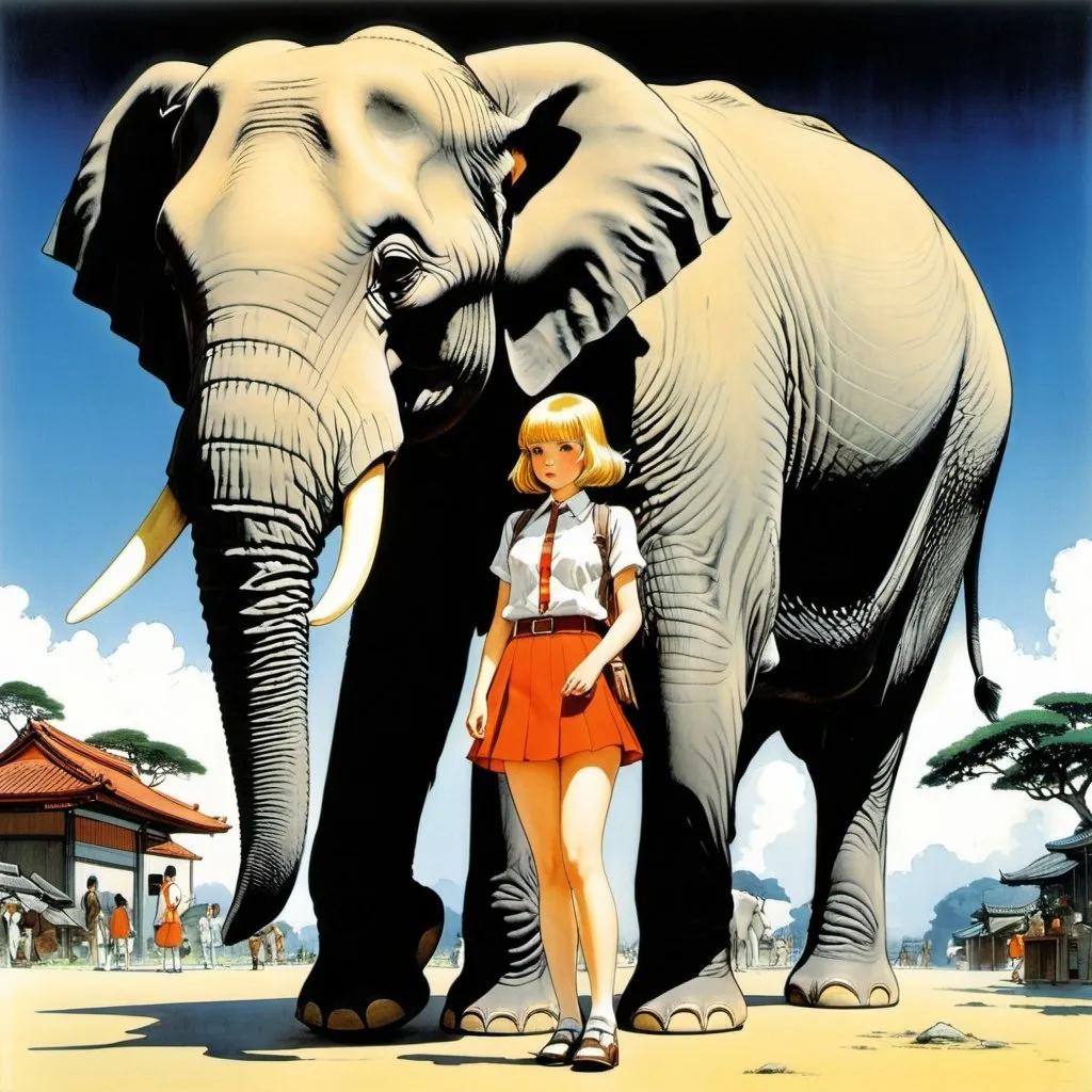 Prompt: Anne Anderson, Lawson Wood, Heath Robinson, Éric Hérenguel, katsuhiro Otomo, Surrealism Mysterious Weird Fantastic Fantasy Sci-Fi, Japanese Anime, Miniskirt Beautiful High School Girl and Pet Elephant, perfect voluminous body, elephant small enough to stand in the girl’s palm, detailed masterpiece 